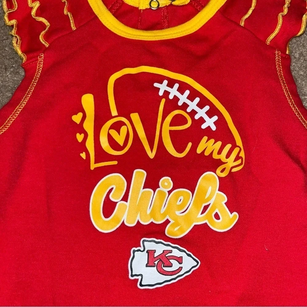 NFL Kansas City Live My Cheifs red onesie & yellow trim with ruffle sleeves